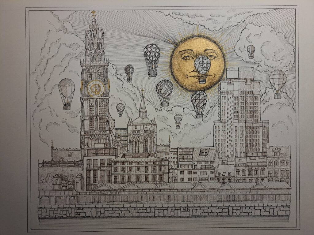 About Me - Tekening van Antwerpen met luchtballonnen in de lucht.